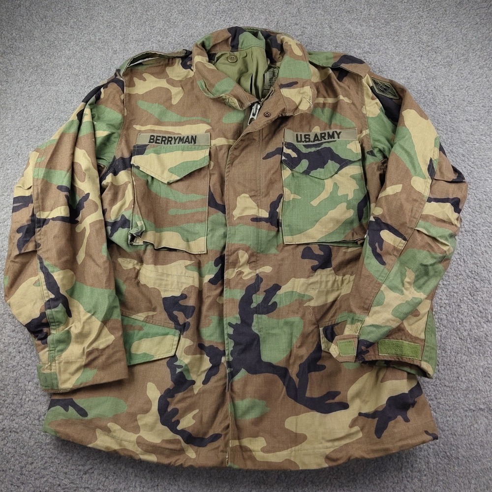 VTG 90s Propper M65 Field Coat Mens Medium Woodland Camo US Army Jacket Patches